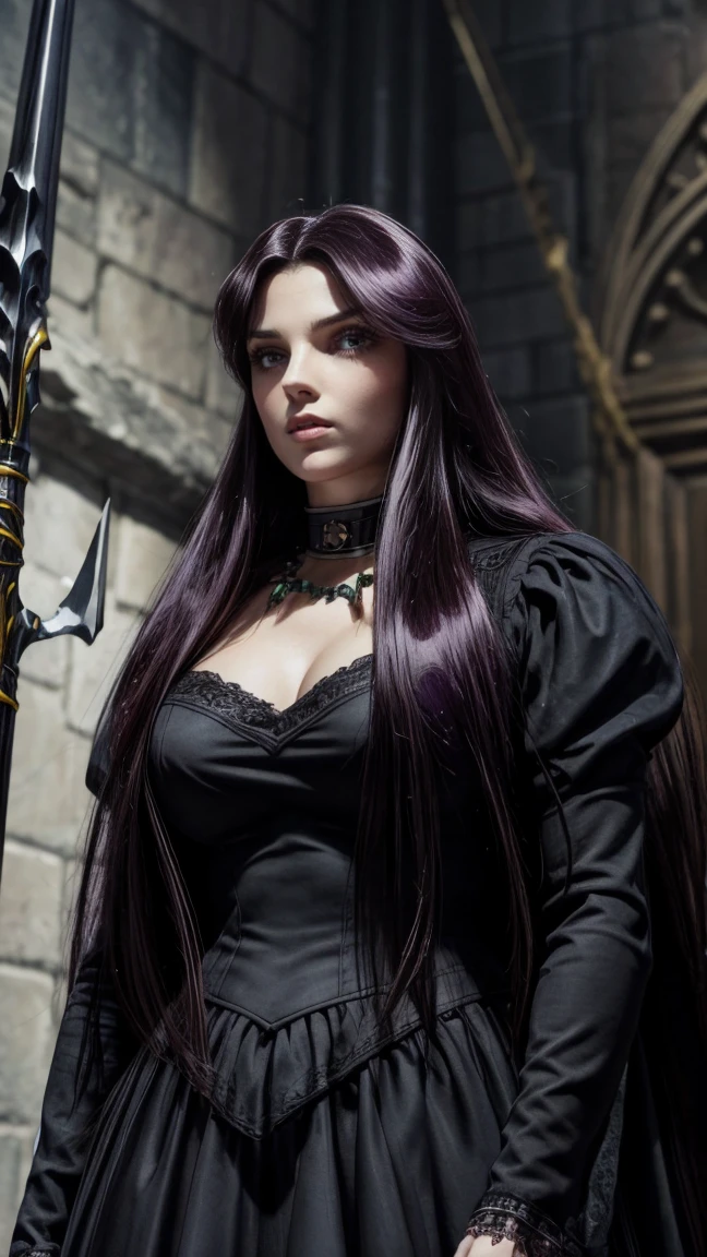 ((official art)), 1girl, gothic castle, dark castle, (huge breasts), large breasts, small waist, wide hips, round ass, thick thighs, very long hair, glossy lips, deep cleavage, large breasts, cleavage, collarbone, flowing skirt, big thighs, full body shot, glowing hair, floating hair,  pandora, purple eyes, very long hair, black hair, dark purple hair, parted hair, necklace, choker, dress, black dress, juliet sleeves, weapon, trident ,holding, holding weapon, (slit skirt), glow-in-the-dark eyes, glowing eyes, dynamic pose, overflowing large breasts, slim body, curvy, very wide hips, sexy position, slim and curvy body, score_9,score_8_up,score_7_up, saintseiya,

BREAK, 
perfect eyes, expressive eyes, extremely detailed eyes, beautiful eyes, expressive eyes, gradient eyes, glistening eyes, perfect eyes, extremely detailed face, expressive face, perfect face, extremely detailed hands, extremely detailed fingers, perfect hands, perfect fingers, extremely detailed body, perfect anatomy, (extremely detailed physique), glossy hair, glossy skin, (extremely detailed hair), (extremely detailed clothing), (extremely detailed accessories), (detailed background), (intricate background), (detailed scenery), (perfect scenery), 

BREAK,
(full body shot), masterpiece, photorealistic, best quality, (extremely detailed CG unity 64k wallpaper), ultra-high resolution, ultra-high definition, maximalist, 64k UHD, highres, intricate, intricate details, absurdres, highly detailed, finely detailed, ultra-detailed, ultra-high texture quality, DLSR, RTX, (HDR), detailed textures, ultra-high pixel detail, professionally color graded, full color depth, sharp focus, volumetric lighting, natural shadow, dramatic shading, dramatic lighting, deep shadows,

