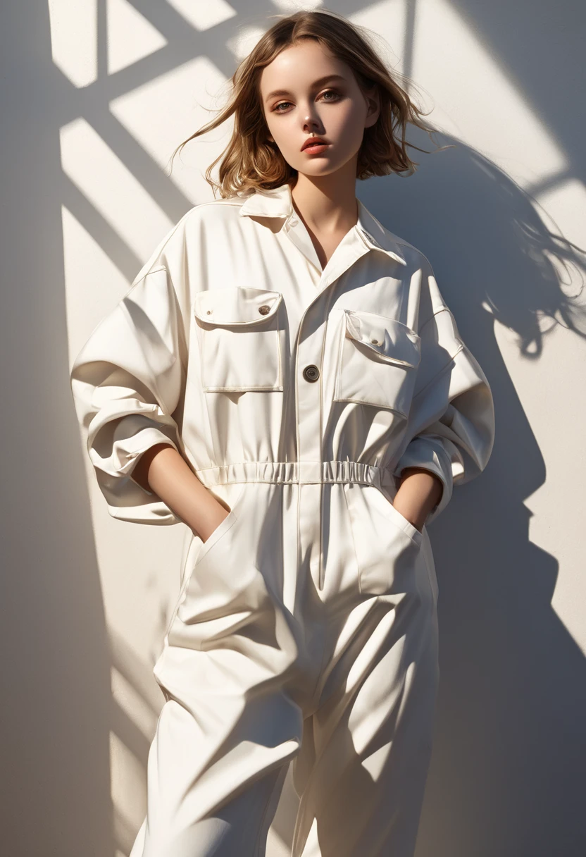 cute beauty, superlative body proportion, wearing loose baggy ivory coveralls, another dimension, effective effects, bold and dynamic, contrasts of light and shadow, 2.5D, artistic photography, hyper realistic, ultra detailed, absolutely resolution, masterpiece