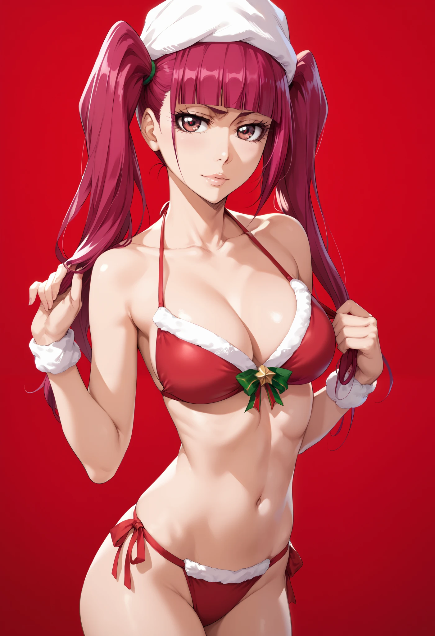 extremely detailed CG, high resolution, best quality, masterpiece, single woman, dokugamine riruka (bleach), magenta eyes, (beautiful detailed eyes: 1.4), magenta hair, ponytails on the sides, christmas bikini, natural pose, red background (gradient)