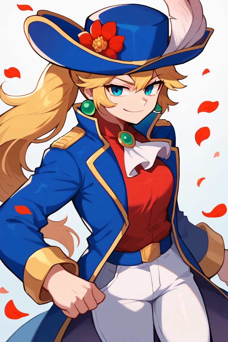 score_7_up, BREAK 1girl, solo,  IncrsPchSwordfighter, long hair, ponytail, hat feather, ascot, white pants, hat flower, long sleeves, petals, red flower, red shirt, blue jacket, feathers, blue coat, coat, blue headwear, brooch, jewelry, earrings, smirk