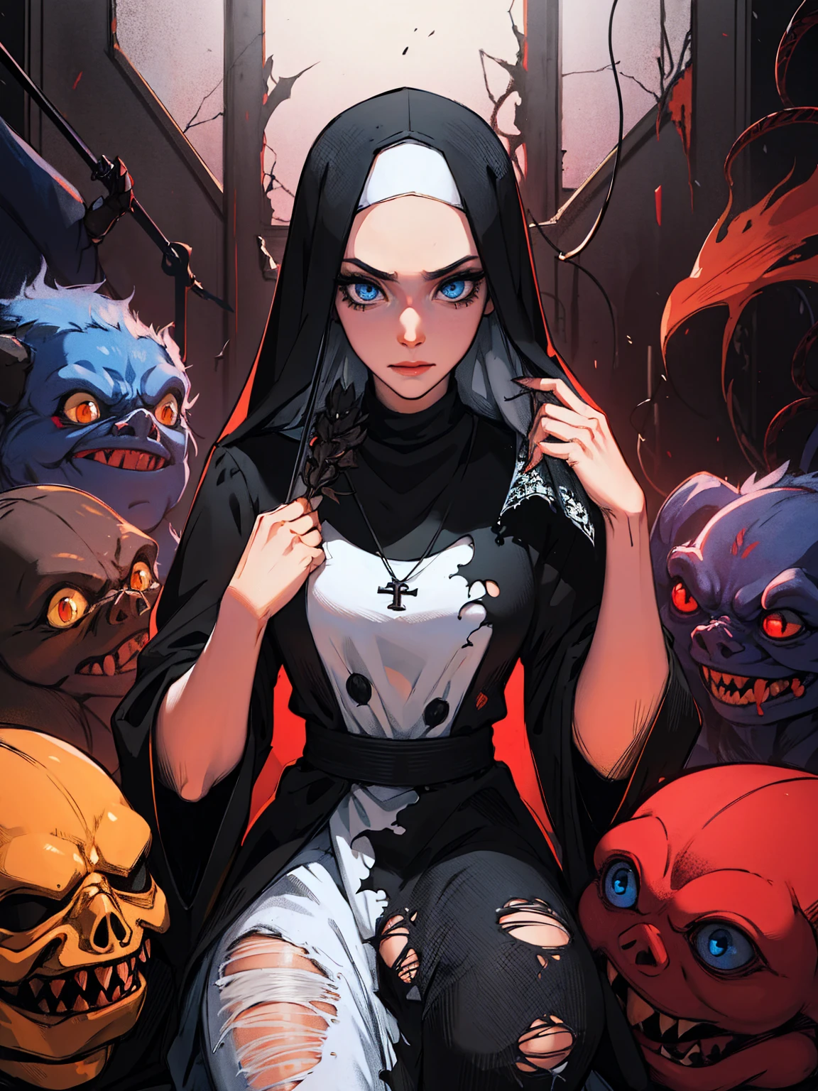 sexual nun (breasts, large breasts), slutty, ugly devil, multiple demons, gangbang, monster, horror, black hair, slender body, blue eyes, mascara, torn clothes