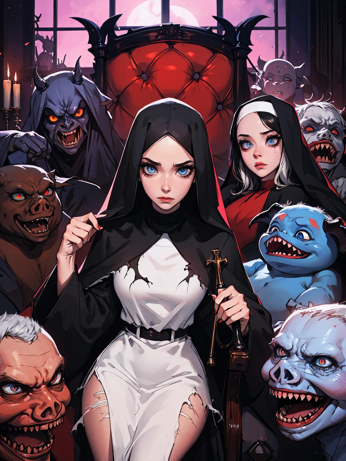 sexual nun, slutty, ugly devil, multiple demons, gangbang, monster, horror, black hair, slender body, blue eyes, mascara, torn clothes