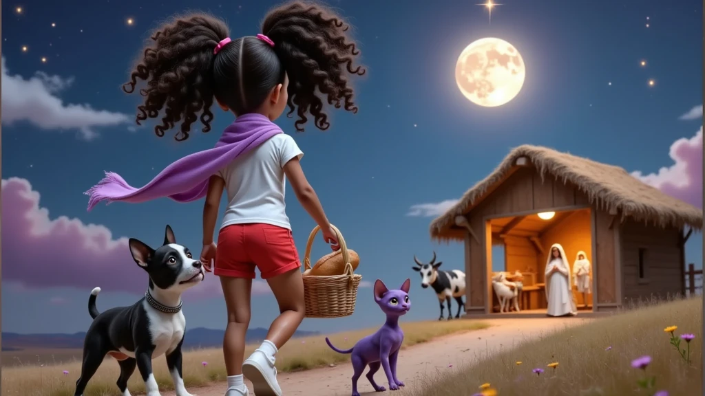 The scene is inspired by Disney Pixar movies, posters and 3D characters, in high quality and high resolution. A girl, wearing a lilac scarf, a white t-shirt, very short red shorts, white socks and white sneakers, she has long curly hair tied in two ponytails with a red ribbon, she carries a basket with a loaf of bread inside, she is in the company of a black and white French bulldog puppy and a purple, hairless Sphinx kitten, they are filmed from behind, walking to a manger where Mary, Joseph and Jesus Christ are, next to a cow, a sheep and a donkey in a simple straw barn. It is night and a guiding star shines next to a beautiful full moon. The scene takes place with the attached image as a reference.