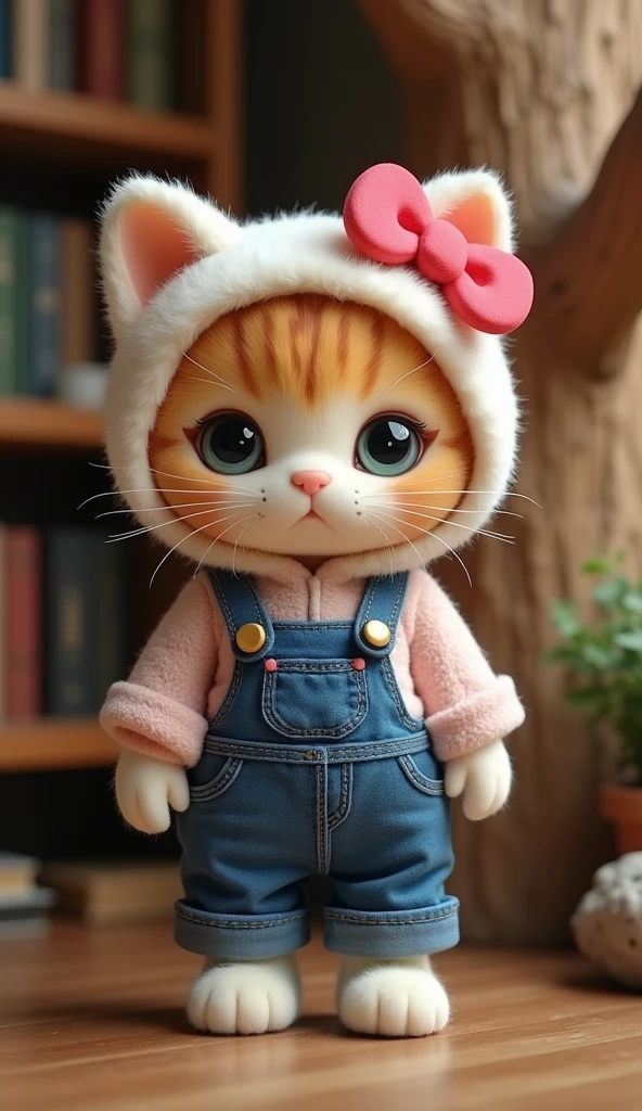 A baby girl walking in fashion with White cat and wearing clothes looking like cat