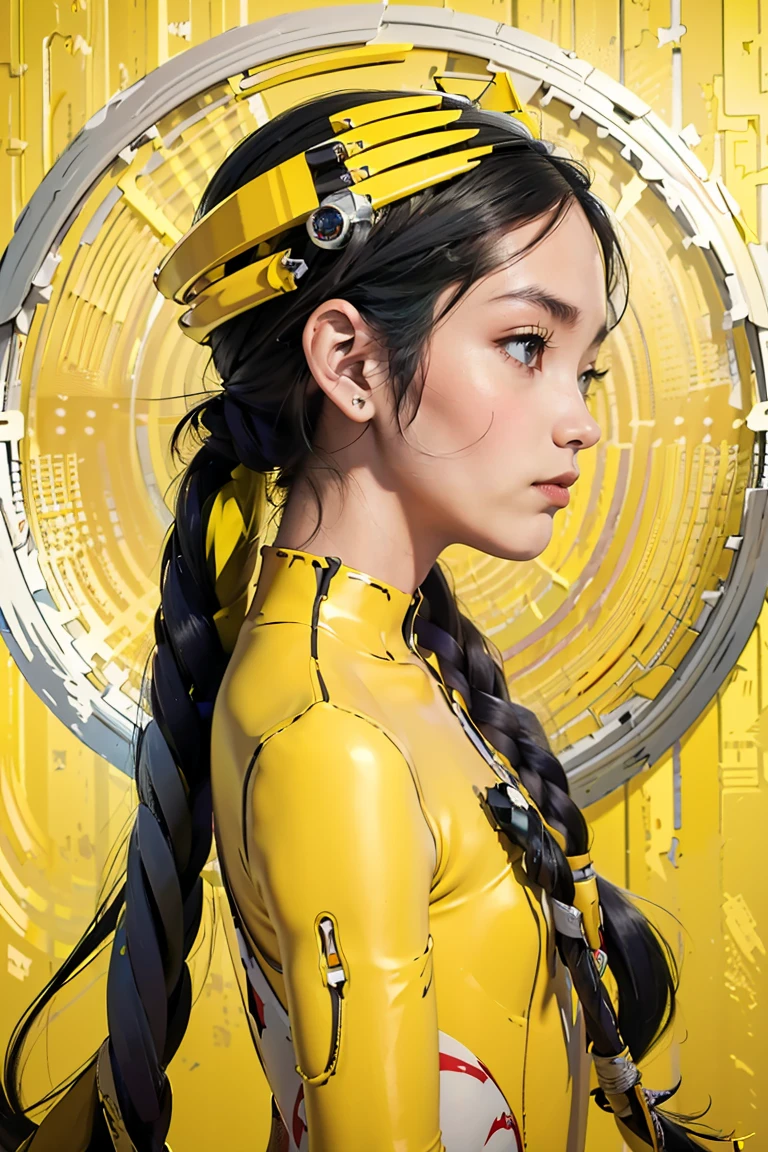 profile photo, in front of the yellow wall, Asian cyborg woman without body, connected by cable, Twisted cable and wire and LED, Charming eyes bodypunk PLC robot、silver motor head, with ray gun, 80 degree field of view, art by：sergio lopez, natalie shau, James Jean and Salvador Dali, (Yellow background:1.5)