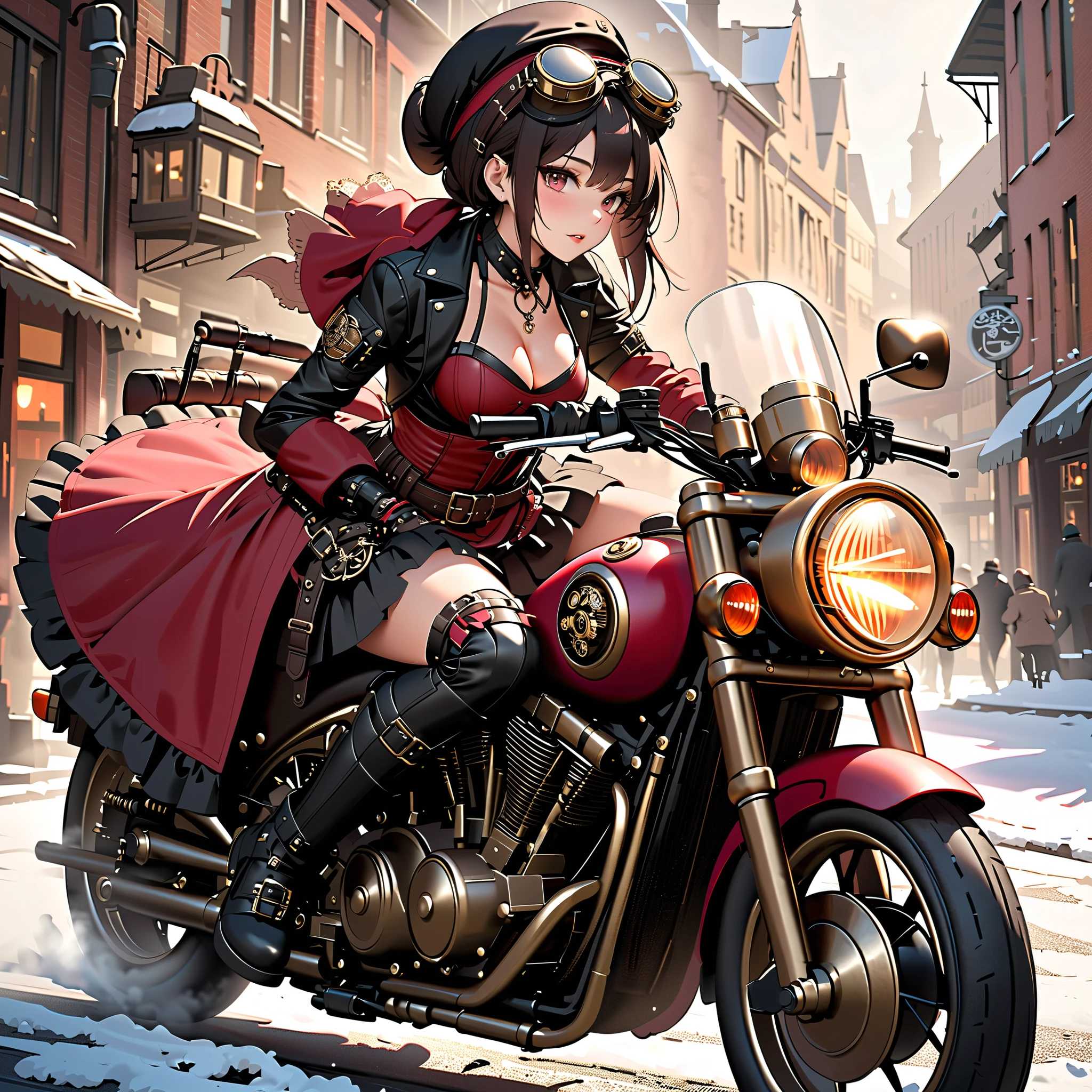  good-looking adult woman in a mini skirt Santa riding a motorcycle、 steampunk,Goth girl 1girl,｛{{ steampunk}}}、{{Gothic Costume}}、 dynamic composition、Leather knee-high boots、goggles、 steampunk-style motorcycle、((masterpiece)),(Best quality),  anime style illustration 、  steampunk-style mini-skirted Santa costume, winter streetscape in a steampunk world、Speed、modified bike 、 steampunkバイク