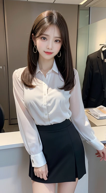  top quality, masterpiece 、 Actual Photos、The most beautiful woman in the world、 slender 、Princess、 Perfect Beautiful Face 、 perfect and beautiful eyes 、 perfect and beautiful double eyelids、 Fashion Model 、 medium hair、 straight hair、 Light Brown Hair 、 earrings、(wearing business suit,blouse, skirt:1.3),(whole body:1.4)、(reception嬢:1.4),( office,reception:1.3)、Thin legs