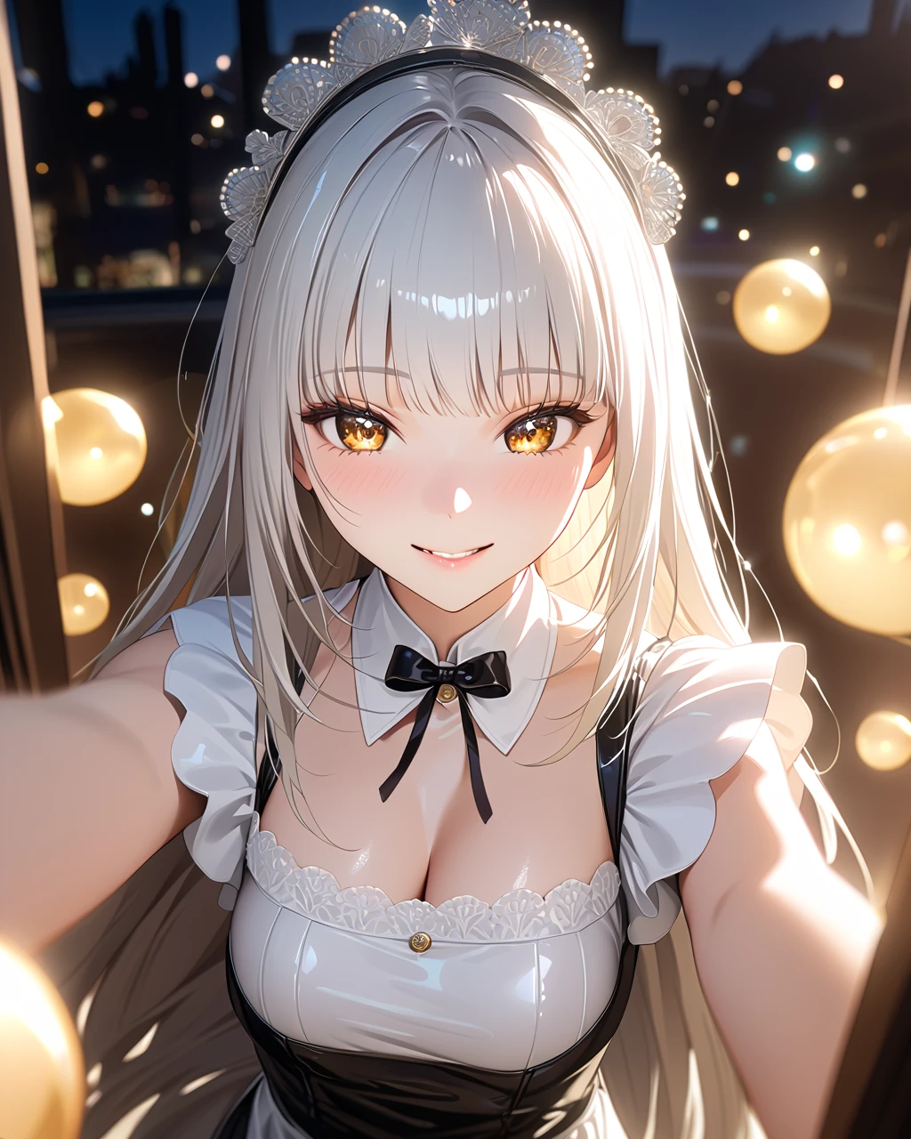 1girl, solo, FHD, Super Detail, top-quality, Very delicate, (upper body), cinematic lighting, ultra detailed, FHD, Super Detail, top-quality, Very delicate, (from above), masterpiece, best quality, dynamic angle, incredibly absurdres, high detail eyes, tsurime, sparkle (in the eyes), cute eyes, shy smile, nose blush, teasing smile, full body, cute face, pov, blancrnd, white hair, very long hair,  yellow eyes,  lipstick, cleavage, Cute maid costume, medium breasts, polished nails, spread arms, ((bokeh)), Modern luxury Mansion,  Kawaii pose