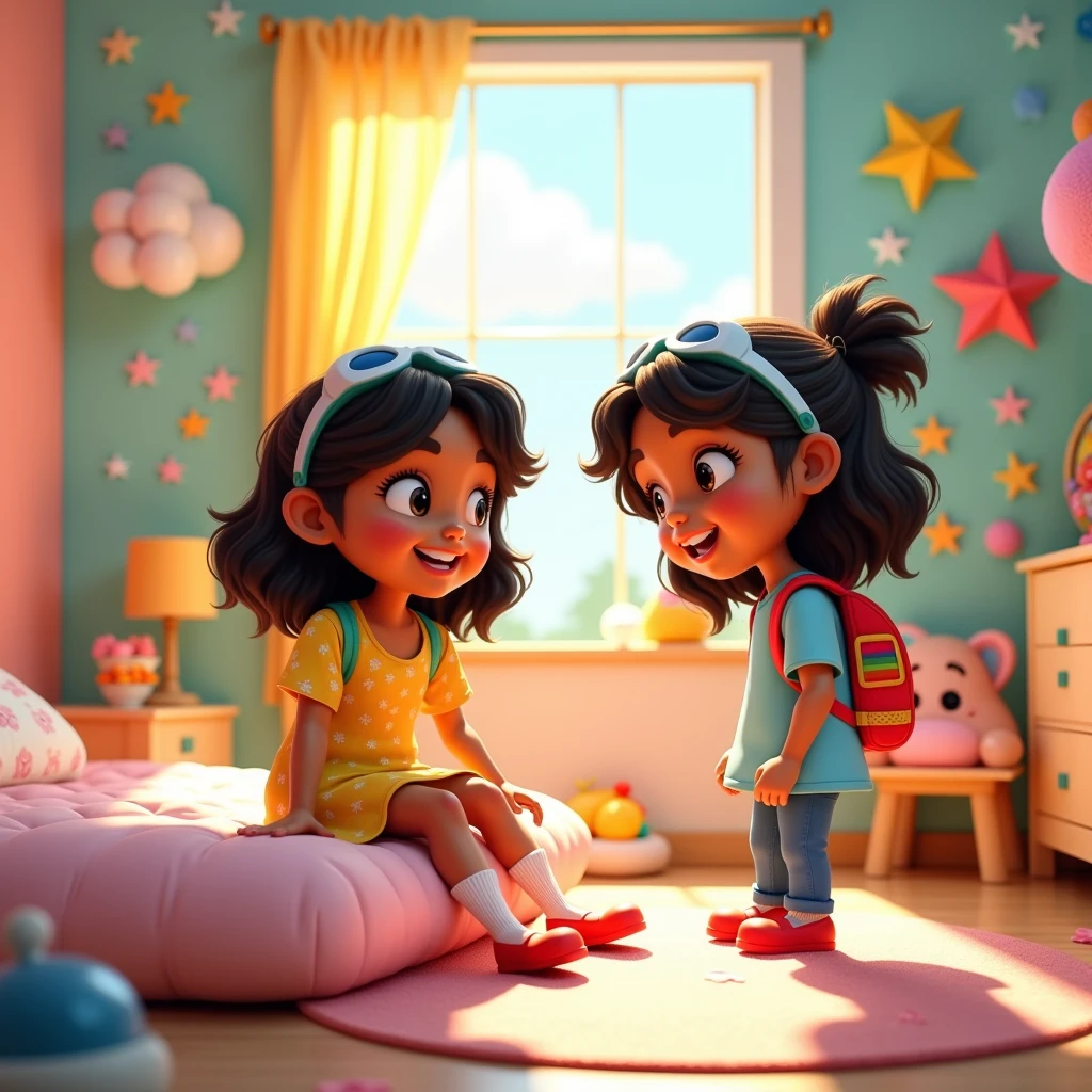 "Two six-year-old twin girls in a colorful and cozy ren's bedroom. Thalita, with fair skin and black wavy hair, is sitting on her bed ty ing her red shoes, wearing a yellow floral dress and white socks, smiling brightly. Andriely, with brown skin and black curly hair tied in a ponytail, is standing near a mirror adjusting her rainbow backpack, dressed in a light blue shirt and jeans, with a gentle smile. The room is brightly lit by sunlight through the window, featuring pastel walls, star and cloud decorations, and neatly arranged toys. Style: 3D animated character in a Pixar-like exaggerated caricature style."masterpiece:1.2,  outer space ,  Three-dimensional illustration made using cardboard or cloth :1.4, A round planet made of cardboard , Kiriki Boy Standing on a Planet ,  and I wear goggles on my head,I'm dressed like a pilot , Blonde, Simple eyes, ( near a star-shaped spaceship , Spherical shield , cockpit),  Stars and celestial bodies made of origami are hung from above with yarn, prince on a star