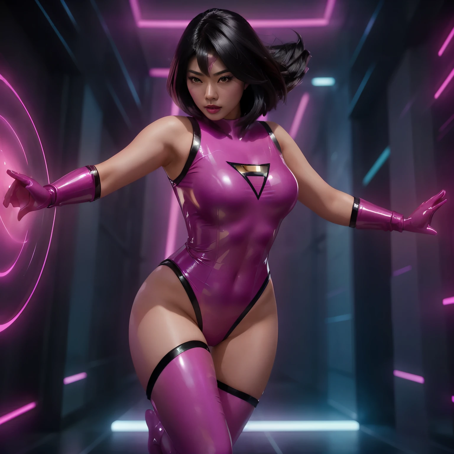 A beautiful asian female superhero with medium length black hair wearing a fuchsia latex costume passing through a pink shiny magic dimensional portal. Action pose. ultra realistic. cinematic scene