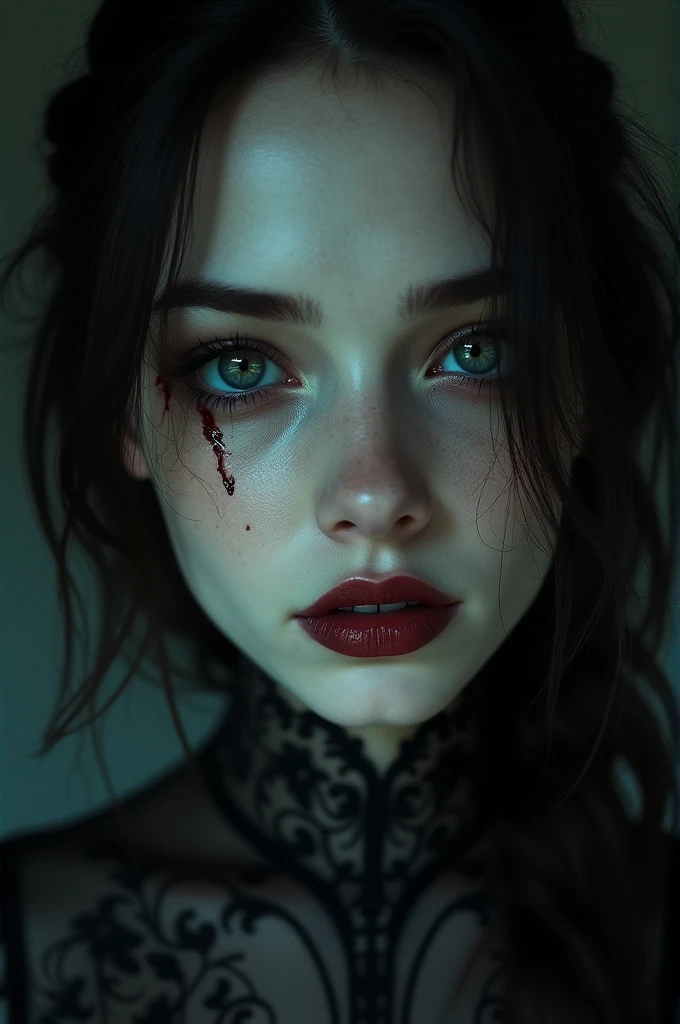 A 4K portrait of a 30-year-old brunette Argentinian woman with rainbow-colored blonde hair and emerald green eyes, dressed in elegant clothing. She is depicted in various terrifying poses, each capturing a different aspect of horror.