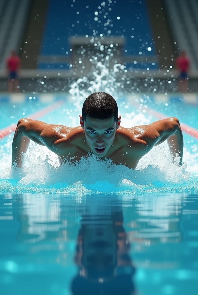 shaved swimmer, men, swimming at camera