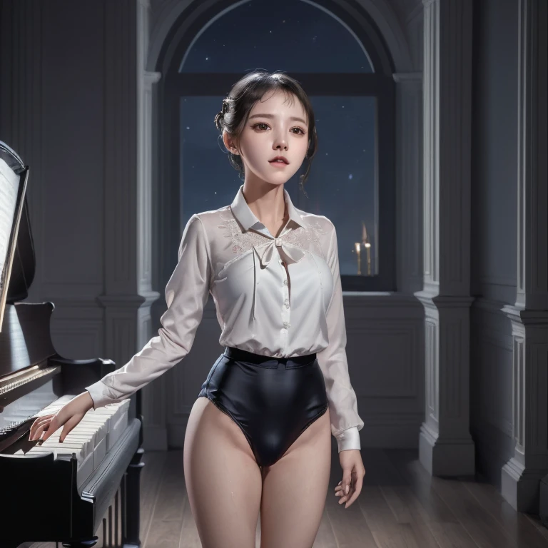 vg,(best quality, masterpiece, RAW photo,ultra-detailed:1.2), 1girl,Alone,Looking at viewers,wearing a Black gymnastics bloomers, High leg、white blouse、Girl standing in front of a piano、Moonlit Night、Anxious expression、Girl standing in front of the piano in the music room at night 、 Darkness