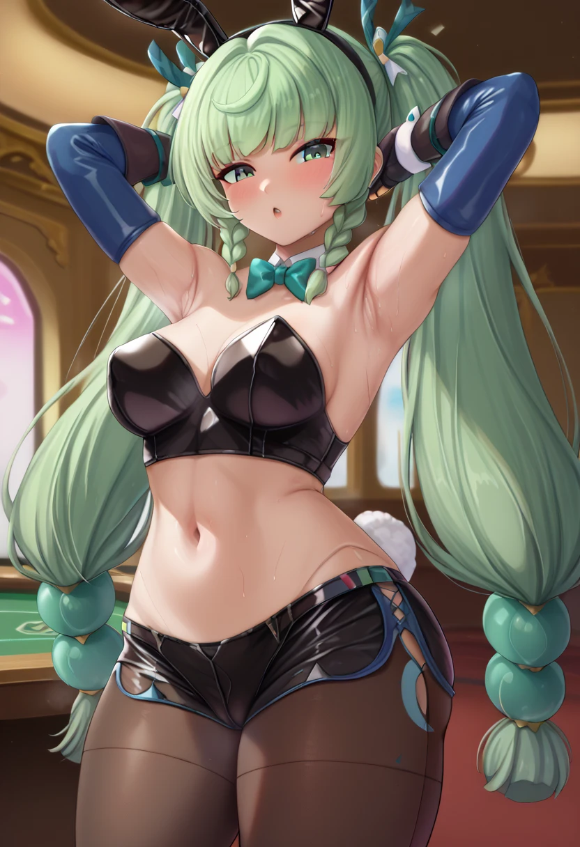 ultra-detailed,
master piece,best quality,high resolution,
beautiful eyes,detailed eyes,detailed face,
beautiful detailed eyes,symmetrical clear eyes,
1girl,score_9,score_8_up,score_7_up BREAK qingyiSDXL,1girl,long hair,gloves,bare shoulders,twintails,very long hair,green eyes,braid,green hair,shorts,black gloves,fingerless gloves,twin braids,crop top,short shorts,black shorts,joints,(small breasts:1.1),(medium breasts:0.9),wide hip, thick thighs,
nsfw,(Armpit:1.5),( too thick thighs:1.1),big butt sweat ,Armpit sweat,Reddened Armpit,(Greasy Armpit:1.5),(Glossy Armpit:1.2),(Thick Armpit:1.1),blush,(vapor:1.4),,reverse bunnysuit, heart pasties, Heart Maebari, crotchless pantyhose, latex legwear, rabbit ears, fake animal ears, rabbit tail, wrist cuffs, navel,, indoors, casino, blushing,, , cowboy shot, dutch angle