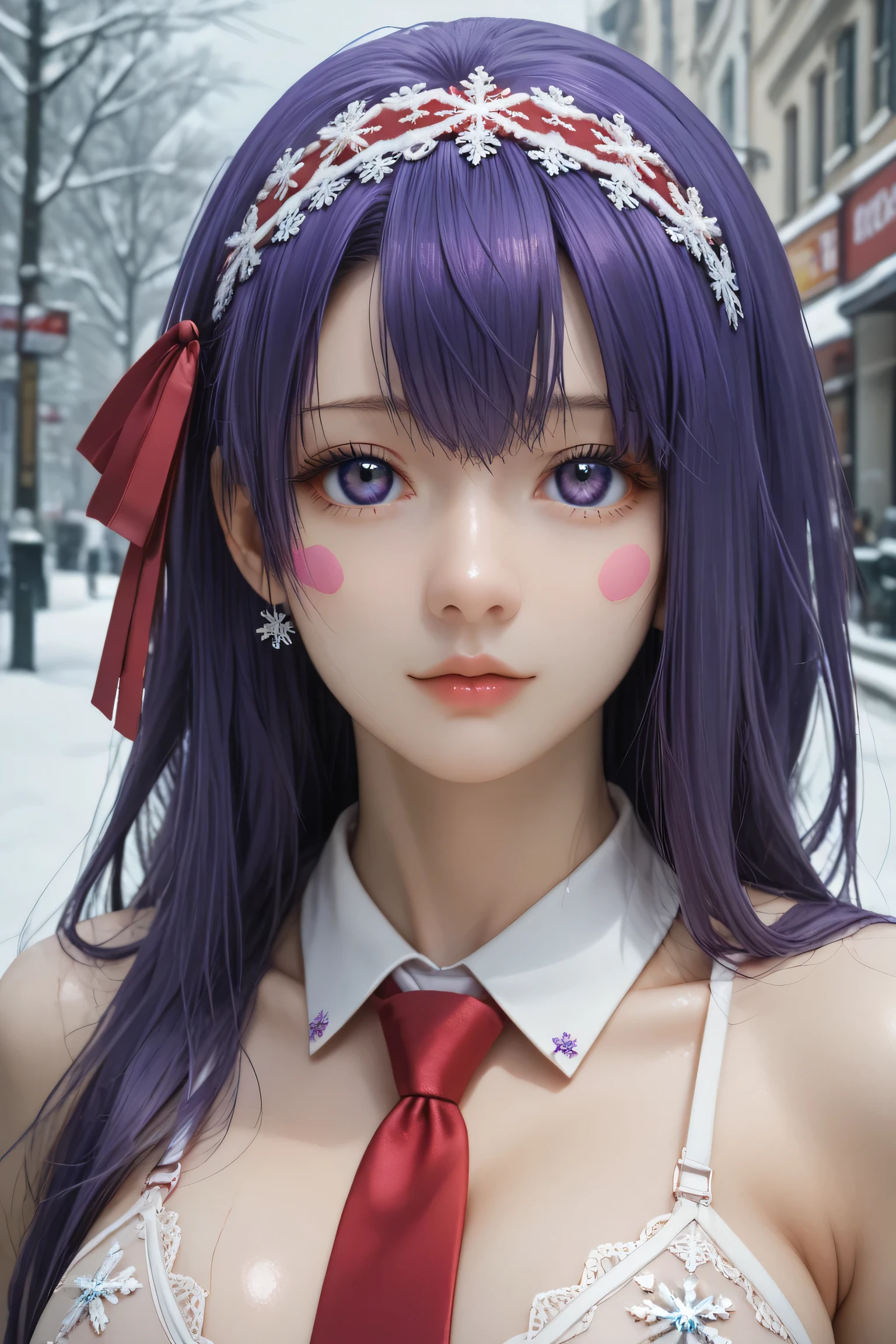 (masterpiece,  best quality ), 1 girl,2d, beautiful face,( purple hair ),( purple hair )( purple hair  largo),( purple eyes),( headband ),neck tie ,RED RIBBON,pesones with cold , HIGH QUALITY,ultra detailed , sakura, long hair, big breasts ,  self-adhesive nipple stickers snowflake lingerie..