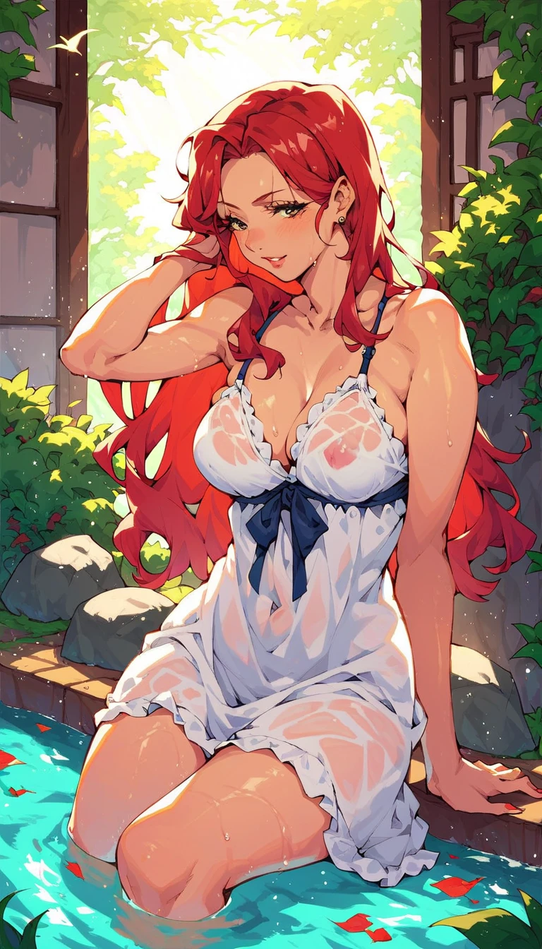 Japanese Mature Woman Anime, red-haired,  red hair , moonlight, nightgown, bathing