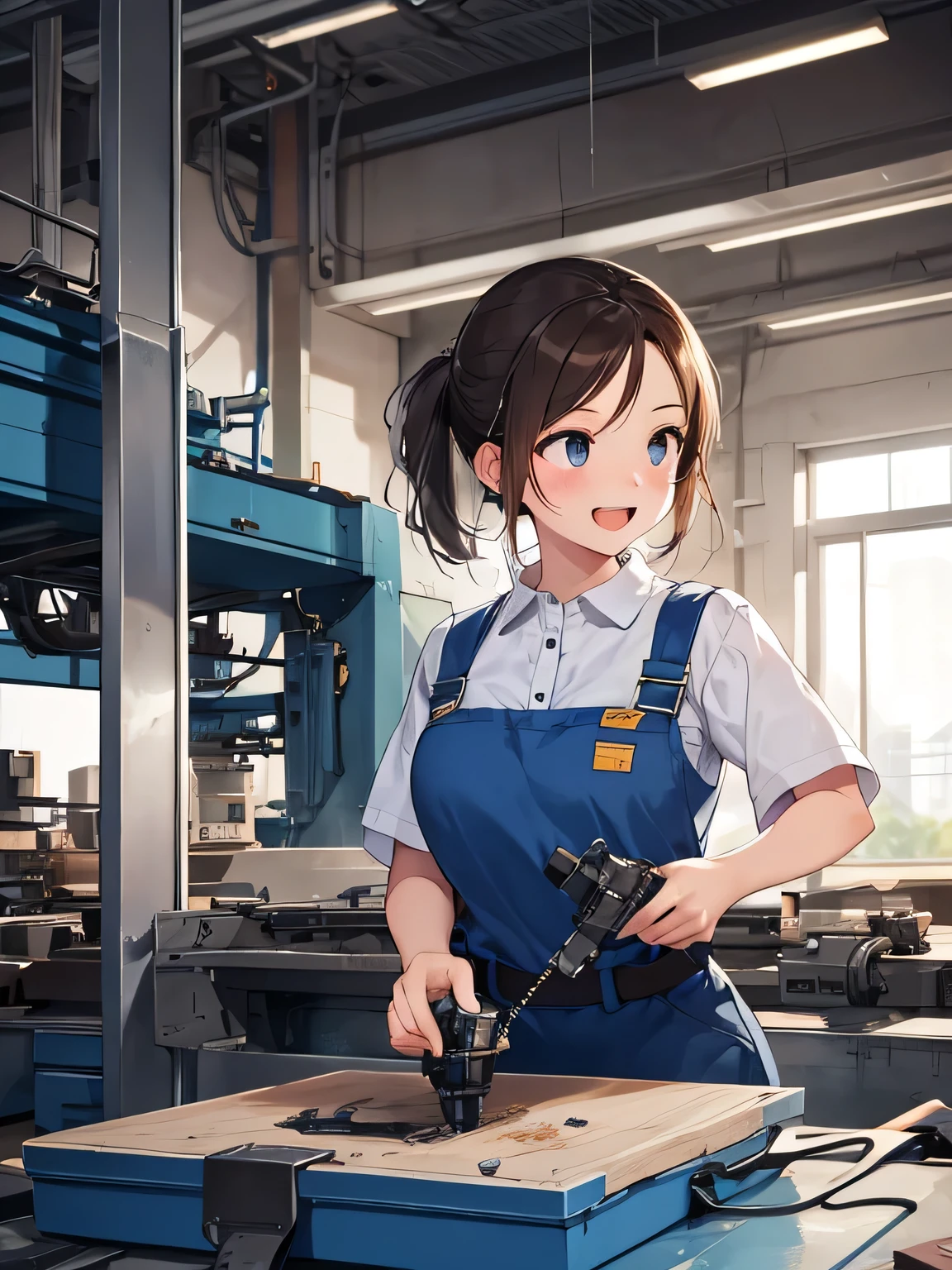 Masterpiece, Top Quality, High Quality, One Girl, Solo, Busty (perfect face), 20 years old, (open mouth, big smile), brown hair, blue eyes, long sleeved work clothes, white gloves, work hat, (blue string around neck, employee ID in clear horizontal case) gear factory, belt conveyor, industrial environment, factory worker, side view, side view Concentration, Repetitive Work Keywords: work, machine noise, assembly line, safety equipment, efficiency, production process, fast-paced work, concentration, teamwork, precision, automation, manufacturing environment, productivity, hands on, dedication, uniformity, mechanical motion, industrial equipment, work-oriented, manufacturing, assembly process, skilled workers, synchronized motion,. Work motivation, dedication, , warm natural light illuminated scene overall, clear, high definition, open mouth full smile.