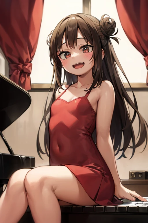 (( top quality)), ((masterpiece)), (be familiar with),  perfect face, indoor, bedroom, looking at the viewer,
One woman, I was,
 open mouth,  ecstatic expression beside the piano, blush, smile,
 small ,  flat chested, Young girl, Lori,  kids,  girl,
 long hair,  twin bun hair ,
Leg spread,