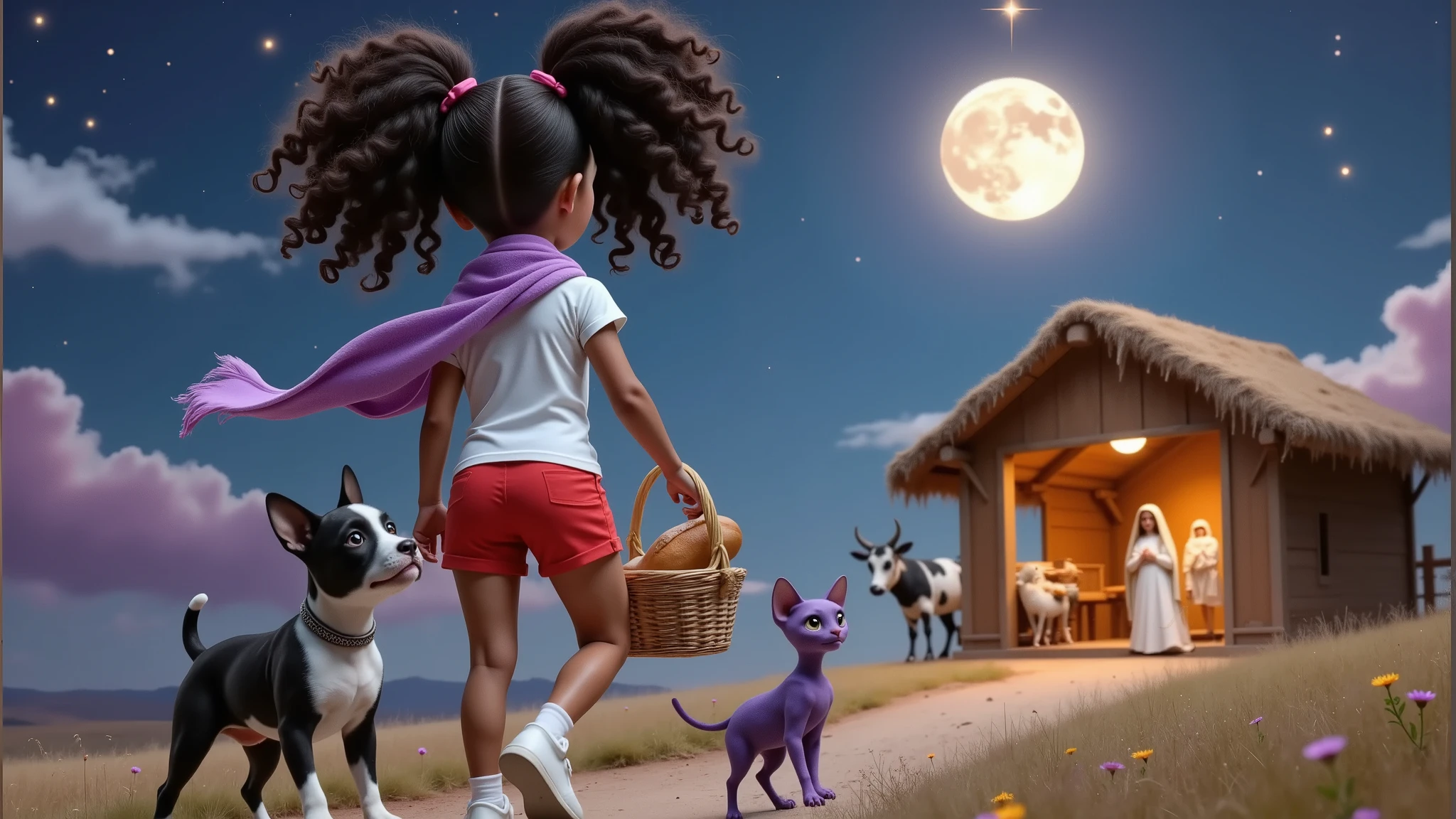 The scene is inspired by Disney Pixar movies, posters and 3D characters, in high quality and high resolution. A girl, wearing a lilac scarf, a white t-shirt, very short red shorts, white socks and white sneakers, she has long curly hair tied in two ponytails with a red ribbon, she carries a basket with a loaf of bread inside, she is in the company of a black and white French bulldog puppy and a purple, hairless Sphinx kitten, they are filmed from behind, walking to a manger where Mary, Joseph and Jesus Christ are, next to a cow, a sheep and a donkey in a simple straw barn. It is night and a guiding star shines next to a beautiful full moon. The scene takes place with the attached image as a reference.