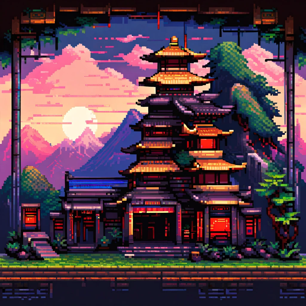 Create a pixel art with a cyberpunk environment and style with Japanese style Shaolin temples with bamboo and bamboo leaves decorating the environment, it must be in a sunset and clouds, a Fuji mountain, neon lights