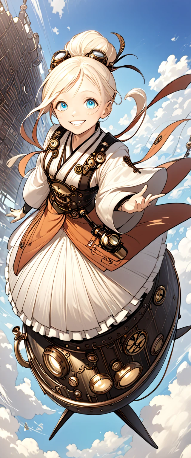 a girl, teenager, albino, delightful, smiling, looking at viewer, stand on a flying kettle, full body shot, dynamic angle, kimono, Steampunk, sky world, cloud