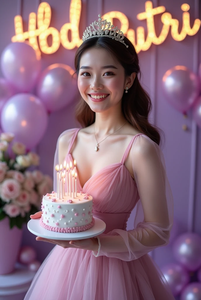 beautiful Asian woman, 20 years old, wearing a pink colored birthday dress, intricate design, looking elegant, smiling slightly, next to a birthday cake, decorated with 30 candles, awesome birthday decorations behind her and label says happy birthday, several small light bulbs, volumetric lighting, UHD , highly detailed, ornate details, masterpiece, top quality, Professional photography, bokeh, natural lighting, canon lens, shot on dslr 64 megapixels sharp focus