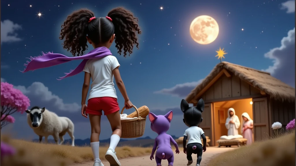 The scene is inspired by Disney Pixar movies, posters and 3D characters, in high quality and high resolution. A girl, wearing a lilac scarf, a white t-shirt, very short red shorts, white socks and white sneakers, she has long curly hair tied in two ponytails with a red ribbon, she carries a basket with a loaf of bread inside, she is in the company of a black and white French bulldog puppy and a purple, hairless Sphinx kitten, they are filmed from behind, walking to a manger where Mary, Joseph and Jesus Christ are, next to a cow, a sheep and a donkey in a simple straw barn. It is night and a guiding star shines next to a beautiful full moon. The scene takes place with the attached image as a reference.