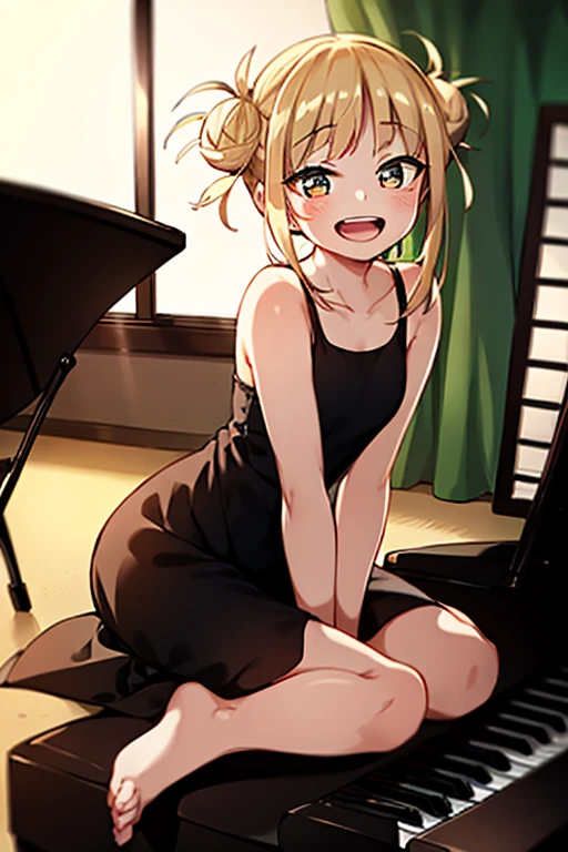 (( top quality)), ((masterpiece)), (be familiar with),  perfect face, indoor, bedroom, looking at the viewer,
One woman, I was,
 open mouth,  ecstatic expression beside the piano, blush, smile,
 small ,  flat chested, Young girl, Lori,  ,  girl,
 long hair,  twin bun hair ,
Leg spread,