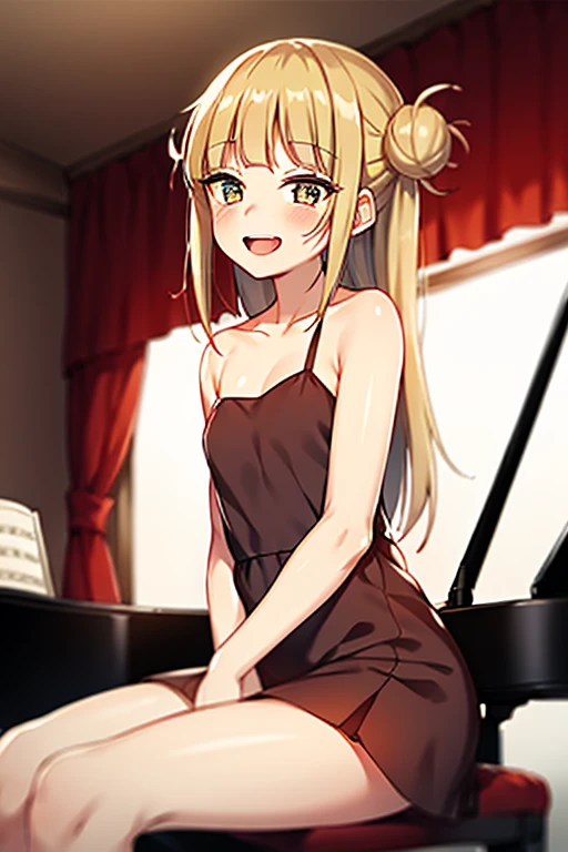 (( top quality)), ((masterpiece)), (be familiar with),  perfect face, indoor, bedroom, looking at the viewer,
One woman, I was,
 open mouth,  ecstatic expression beside the piano, blush, smile,
 small ,  flat chested, Young girl, Lori,  ,  girl,
 long hair,  twin bun hair ,
Leg spread,