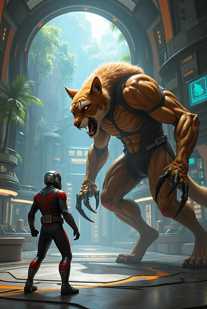 A striking, anime-style illustration of a colossal Vorox creature, standing at nearly ten feet tall and exuding an intimidating presence. Metalic cargo crates at left side of the image .The creature's shaggy dark fur covers its lupin-shaped head and four arms. The superior pair of arms wield a shotgun, while the inferior pair are wide open in an aggressive stance. The legs and feeth have animal shape. The Vorox wears a full-body yellow spaceship pilot suit, boots. He has pilot goggles on its head. The spacesuit have in the chest a symbol of a wheel with eight spokes.
In a landscape, the creature looms over a sky and a twisted, rainforest, creating an eerie and happy atmosphere. The background features a spaceship hangar with a massive spaceship painted in blue, its wide door open, adding to the sense of dread and unease in the scene. The illustration captures the ferocity of this terrifying sapient being in, illustration, cinematic, anime