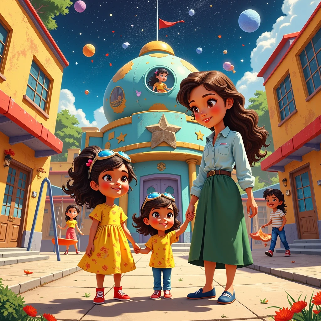 ""A vibrant school entrance with colorful murals and a lively playground filled with slides and swings. Thalita, a -yead witair skin and black wavy hair, stands eagerly in front of the school, wearing a yellow floral dress and red shoes, smiling widely. Andriely, with brown skin and black curly hair tied in a ponytail, holds her mother's hand, dressed in a light blue shirt and jeans, looking around with curiosity. Their plus-size mother, with light skin and long wavy brown hair, wears a casual green dress, smiling warmly as she waves to a teacher. The scene includes ren running and playing in the background. Style: 3D animated character in a Pixar-like exaggerated caricature style."masterpiece:1.2, outer space , Three-dimensional illustration made using cardboard or cloth :1.4, A round planet made of cardboard , Kiriki Boy Standing on a Planet , and I wear goggles on my head,I'm dressed like a pilot , Blonde, Simple eyes, ( near a star-shaped spaceship , Spherical shield , cockpit), Stars and celestial bodies made of origami are hung from above with yarn, prince on a star