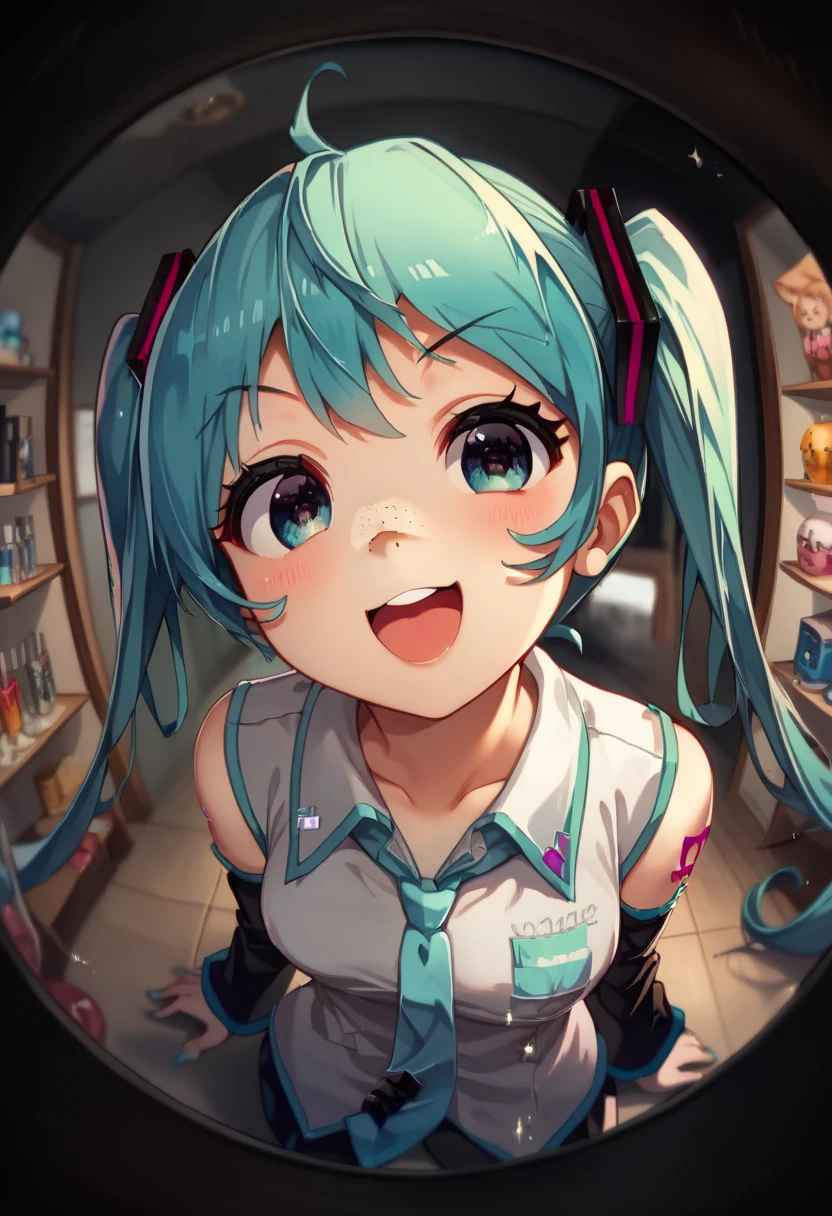  ,woman, side eye ,『  fertilisation promoting ingredients  』   Hatsune Miku   ， anime style，woman,from side,， Corn ,Peek， 飛んでいる目玉のcuteイラスト（2），  open your mouth , 右目 fisheye lens,Deco* 27 side , right eye peek face ，Open Mouse，cute， open her mouth ，  smirking ，Eyepatch on left eye， light freckles on nose  ，dark，dark cyan ， peeking through a doorscope ，hair，  white medical eyepatch for left eye  ，  dark black eyes  ，  eye color dark blue  ，  big eyes，  fisheye lens ,   low contrast ，Low saturation， In a circle ，  in the upper right and lower right  "Wow!" Character，  round cloud-like font  ，angle（1.9），She peek，， large three yellow glitter ，  black background，  } round fuchsia and orange geometric pattern， hair gradation  ，  dark blue green  ，