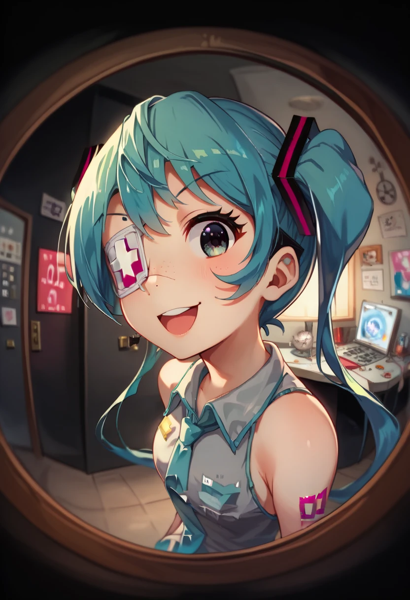  ,woman, side eye ,『  fertilisation promoting ingredients  』   Hatsune Miku   ， anime style，woman,from side,， Corn ,Peek， 飛んでいる目玉のcuteイラスト（2），  open your mouth , 右目 fisheye lens,Deco* 27 side , right eye peek face ，Open Mouse，cute， open her mouth ，  smirking ，Eyepatch on left eye， light freckles on nose  ，dark，dark cyan ， peeking through a doorscope ，hair，  white medical eyepatch for left eye  ，  dark black eyes  ，  eye color dark blue  ，  big eyes，  fisheye lens ,   low contrast ，Low saturation， In a circle ，  in the upper right and lower right  "Wow!" Character，  round cloud-like font  ，angle（1.9），She peek，， large three yellow glitter ，  black background，  } round fuchsia and orange geometric pattern， hair gradation  ，  dark blue green  ，