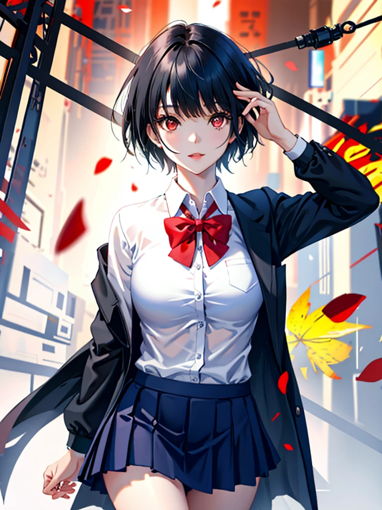  dynamic angle,  ridiculous results,original,and beautiful, beautiful and detailed eyes and face,girl,   unique , Big breasts,  black hair ,  red eyes ,  short hair , School Uniform,  white shirt ,  skirt,  lapel shirt , Short bangs,