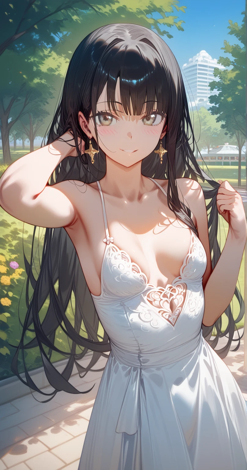 verxina \(Uma Musume\)、black hair, long hair
BREAK
25 year old woman、slender body、small breasts、 beautiful feet、cleavage,sexy Lip,looking at viewer ,blush,smile
BREAK
high definition , masterpiece,  anatomically correct ,  very detailed,  High Quality 
BREAK
in park,cowboy shot, sexy pose