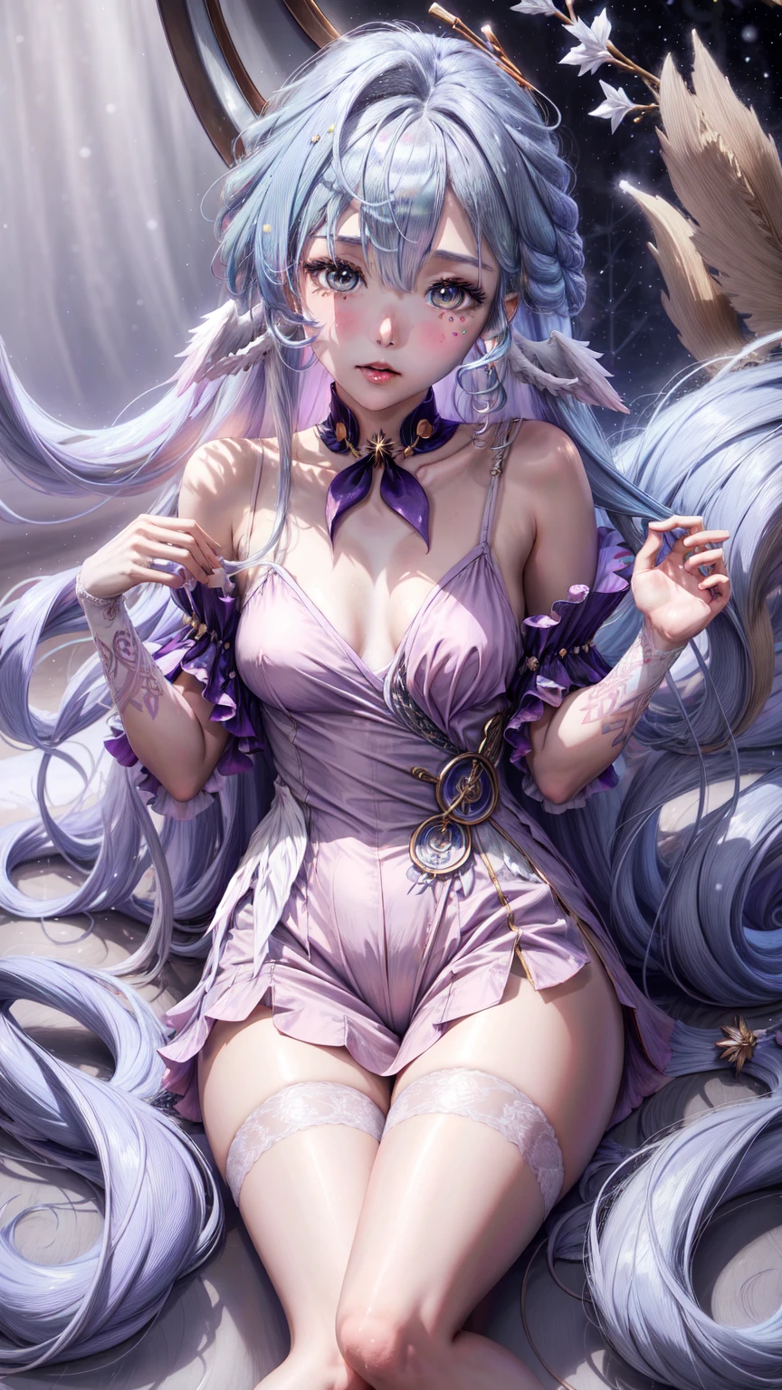 1girl,tentacle sex, fellatio, Suspension,double penetration,sex from font,tentacles, cum pool, huge breasts, spread legs, thin nightgown,8k uhd, no-bra, long hair, blue and pink light hair