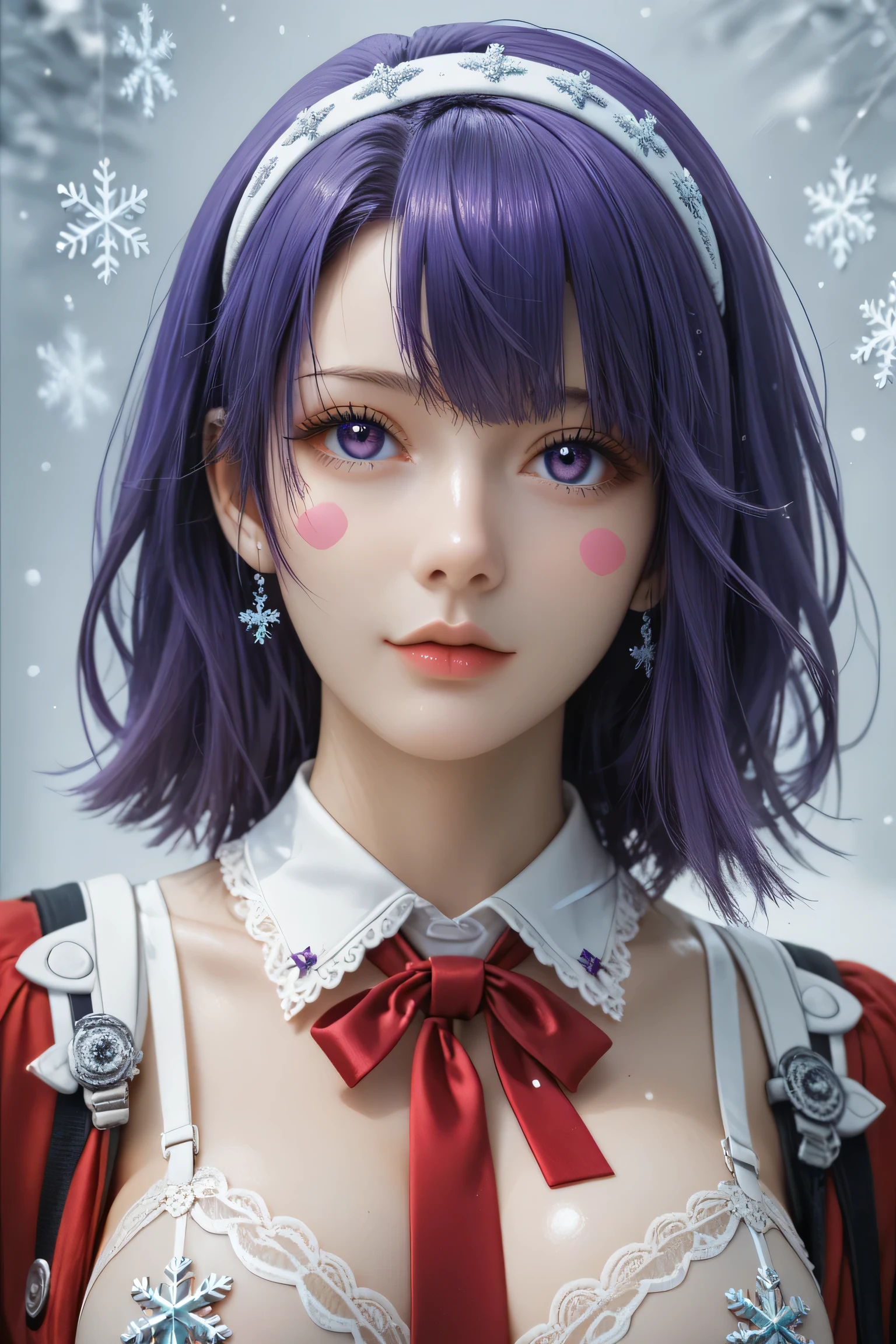 (masterpiece,  best quality ), 1 girl,2d, beautiful face,( purple hair ),( purple hair )( purple hair  largo),( purple eyes),( headband ),neck tie ,RED RIBBON,pesones with cold , HIGH QUALITY,ultra detailed ,  Rías Gremory,  long hair, big breasts ,  self-adhesive nipple stickers snowflake lingerie..