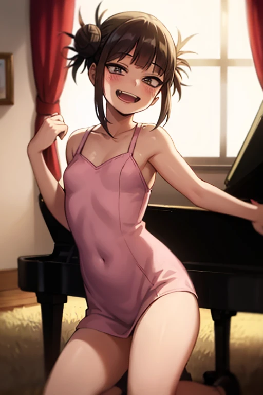 (( top quality)), ((masterpiece)), (be familiar with),  perfect face, indoor, bedroom, looking at the viewer,
One woman, I was,
 open mouth,  ecstatic expression beside the piano, blush, smile,
 small ,  flat chested, Young girl, Lori,  ,  girl,
 long hair,  twin bun hair ,
Leg spread,