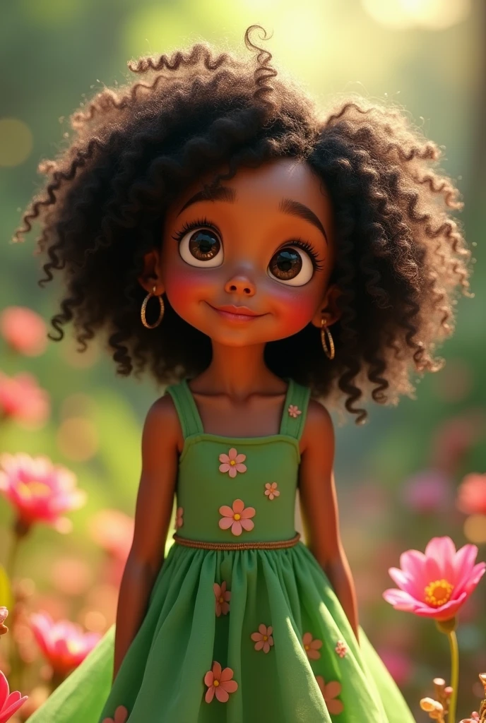 cute , black skin, curly hair, wears a red dress, smiling, standing in a tree