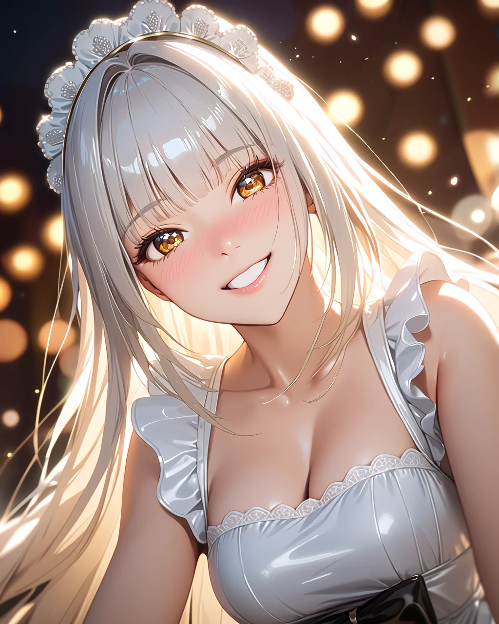 1girl, solo, FHD, Super Detail, top-quality, Very delicate, (upper body), cinematic lighting, ultra detailed, FHD, Super Detail, top-quality, Very delicate, (from above), masterpiece, best quality, dynamic angle, incredibly absurdres, high detail eyes, tsurime, cute eyes, smile, nose blush, teasing smile, full body, cute face, pov, blancrnd, white hair, very long hair,  yellow eyes,  lipstick, cleavage, Cute maid costume, medium breasts, polished nails, spread arms, ((bokeh)), Modern luxury Mansion,  Kawaii pose