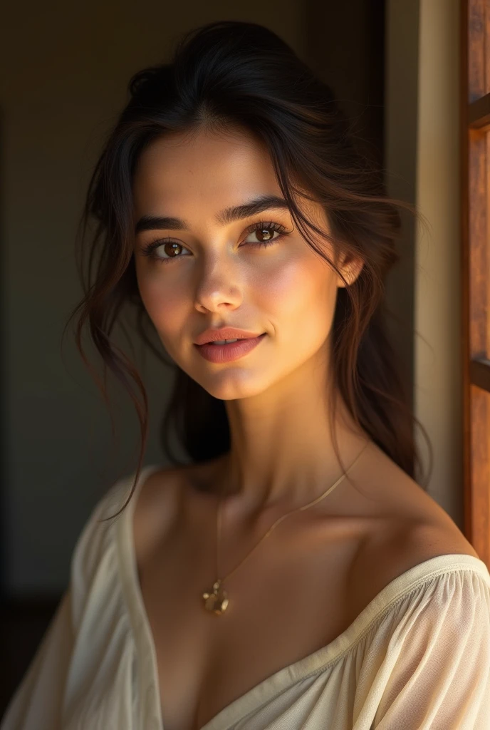 Portrait of a brunette girl with delicate features,. A tattoo on the décolletage area "Belle" dark flowing hair, Plump lips, Brown eyes