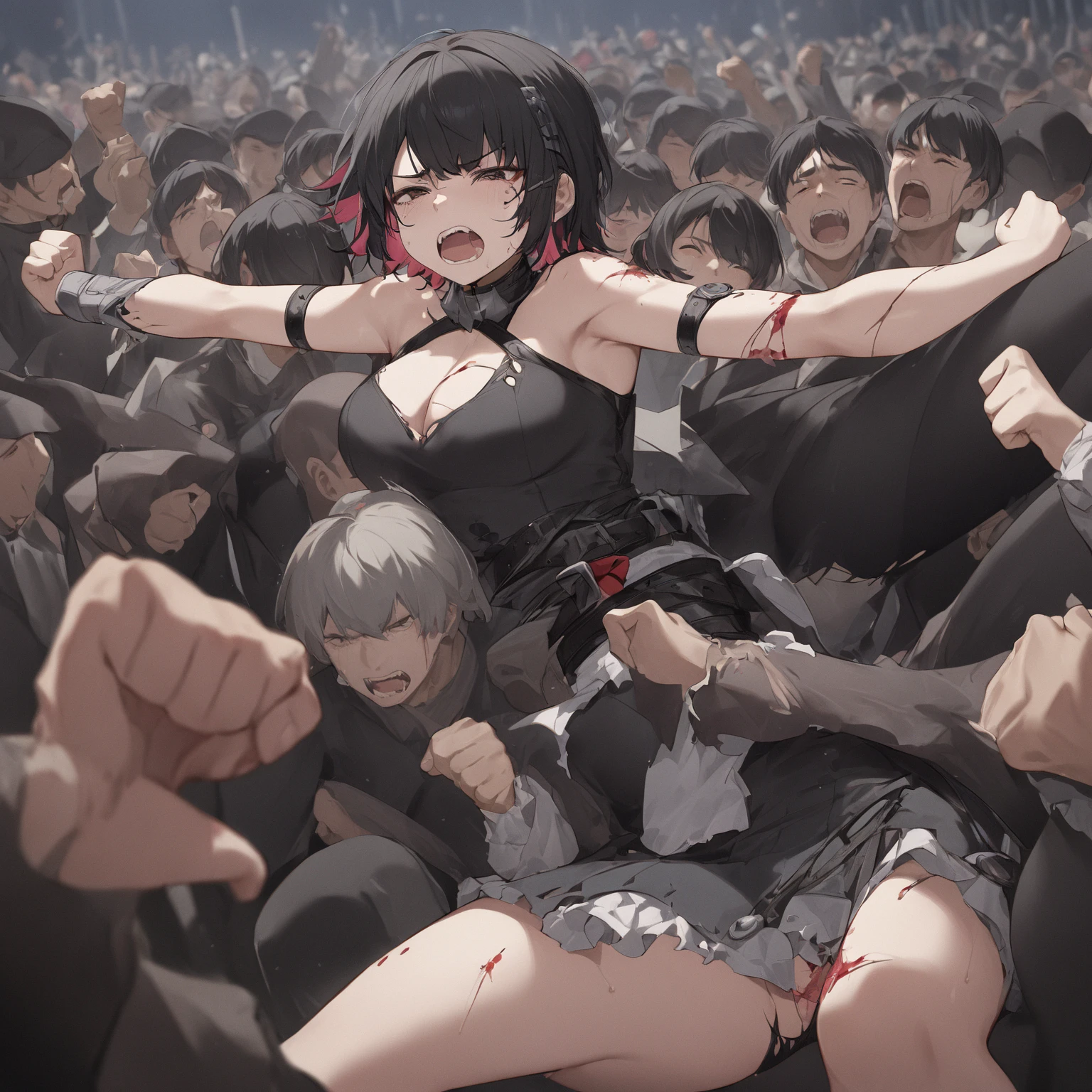  Ellen Joe gets lynched by countless men。 Countless men punch her with their fists。She's full of wounds 。Her clothes are torn 。Men flock to her 。She grimaces in pain。Hurts Her 。She has black hair。Accurate Face。Accurate Arm。Accurate feet。 anatomically correct,  top quality, crowd