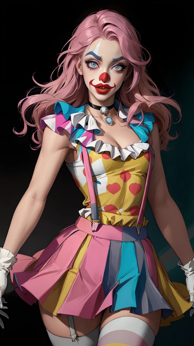 (masterpiece, best quality, ultra-detailed), GeiruToneido, grey eyes, pink hair, (clown nose:1.2), choker, gloves, suspenders, clown clothes, pink skirt, 1girl, fantasy, whimsical, surreal, quirky, vibrant colors, dramatic lighting, dynamic pose, beautiful detailed eyes, beautiful detailed lips, extremely detailed face