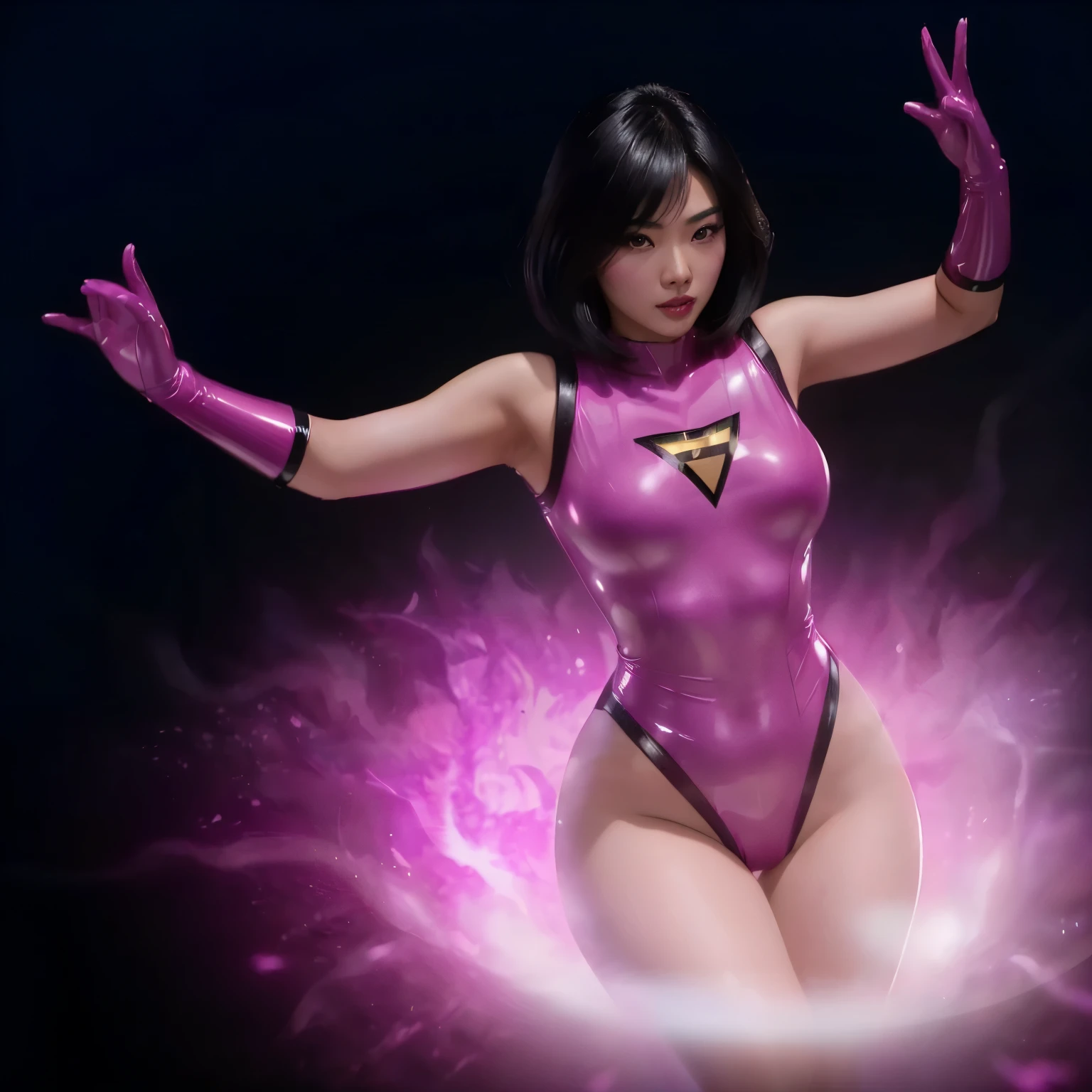 A beautiful asian female superhero with medium length black hair wearing a fuchsia latex costume passing through a pink shiny magic dimensional portal. Action pose. ultra realistic. cinematic scene