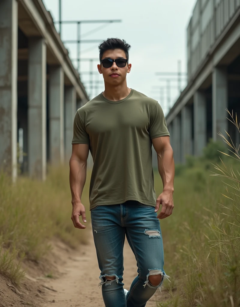 1 man，1 male，Asian male，Asian people，Realistic, (Masterpiece, Top quality, Best quality, offcial art), Very detailed, Most detailed, God, Short hair, Black hair, Handsome man, necklace, pectoral, Abs, Brown skin, Black eyes, Handsome， Muscular, ((Wide shoulders and wide waist)), Shirtless，，Wearing gym shorts，The bare legs are hairy，Calf muscular feeling，Barefoot，ssmile，There are hairs on the toes，full bodyesbian，The ass sits on the ground，legs are open，Delicate man feet，