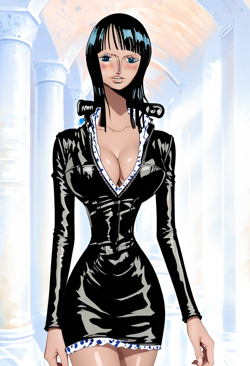 Nico Robin, black hair, long hair, straight hair, fringe hair, blue eyes, brunette skin, innocent expression, cute face, blush, blue eyes, looking at viewer, parted lips, black leather dress, skin tight dress, plunging neckline, large breasts, braless, navel, slim waist, tight thighs, thighs high boots.