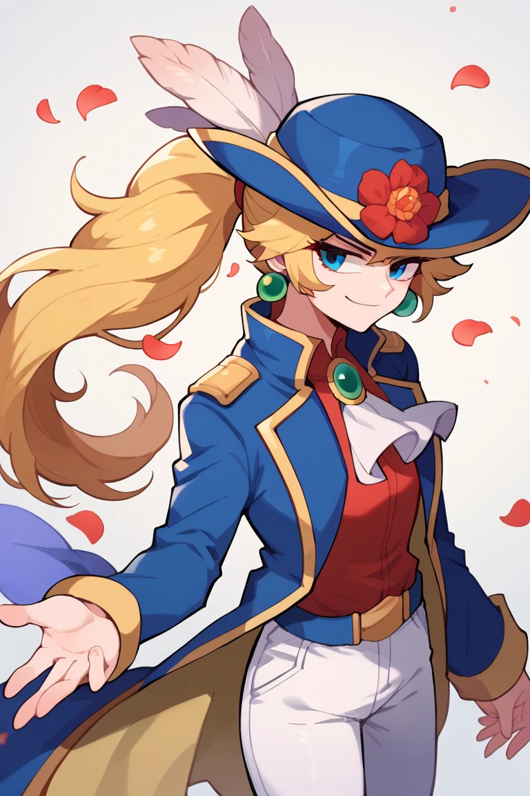 score_7_up, BREAK 1girl, solo,  IncrsPchSwordfighter, long hair, ponytail, hat feather, ascot, white pants, hat flower, long sleeves, petals, red flower, red shirt, blue jacket, feathers, blue coat, coat, blue headwear, brooch, jewelry, earrings, smirk