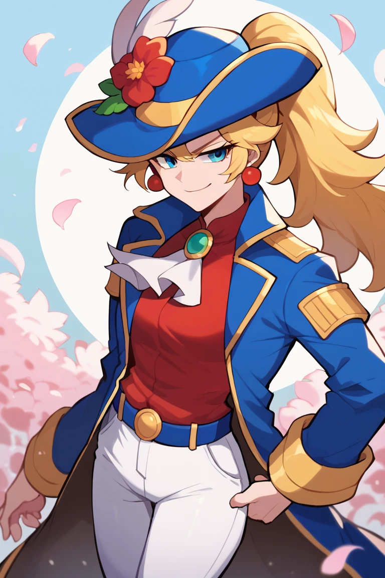 score_7_up, BREAK 1girl, solo,  IncrsPchSwordfighter, long hair, ponytail, hat feather, ascot, white pants, hat flower, long sleeves, petals, red flower, red shirt, blue jacket, feathers, blue coat, coat, blue headwear, brooch, jewelry, earrings, smirk