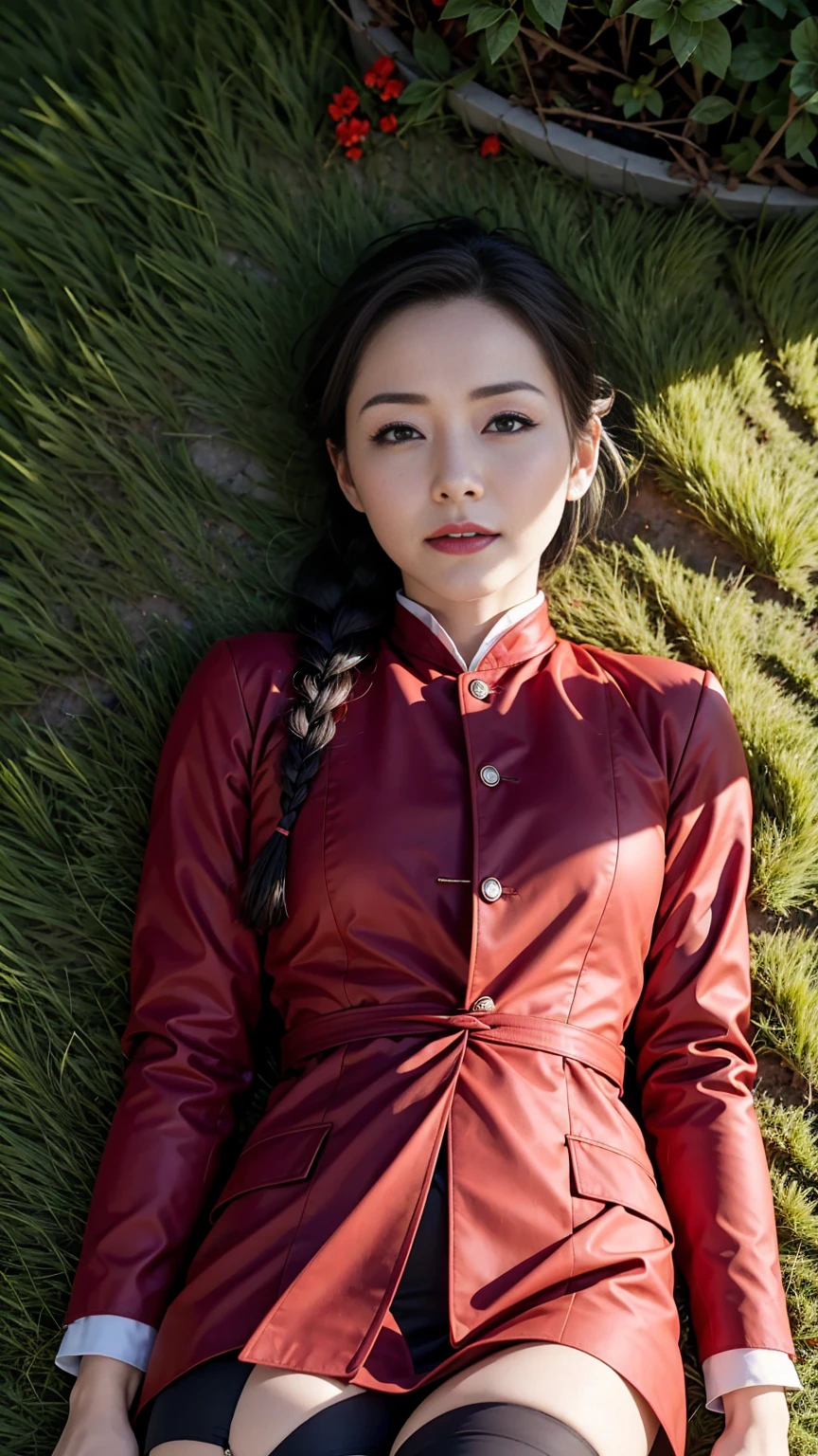 masterpiece,  top quality , Phemonica,  Hair Burn , braid,  red ribbon, black jacket, black skirt, Red stockings, Upper body, From above,  because I'm tired, grass,  watching viewers, I'm lying on my back , laugh, garden 