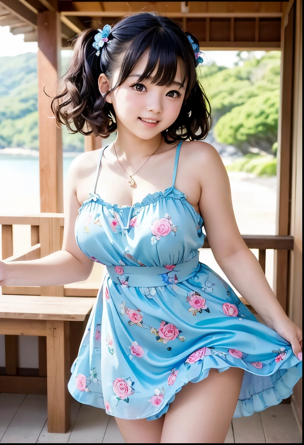 (Best-quality, Masterpiece, Ultra-High-Resolution, (Photorealistic:1.4), Raw Photo, depth of field, professional lighting, perfect anatomy, extremely details), 1girl, -yeld, thost famous Japanese idol, (wearing summer-dress with beautiful-design), (having lots of fun at summer beach, upturned ass), (extremely cute face like the most popular Japanese idol), ((extremely cute and extremely big realistic-eyes)), (extremely beautiful hair), (((extremely beautiful and extremely realistic skins))), extremely beautiful body, dynamic pose, looking at viewer, innocent smile, ((detailed summer-beach)), ((detailed summer-dress-with-beautiful-design))